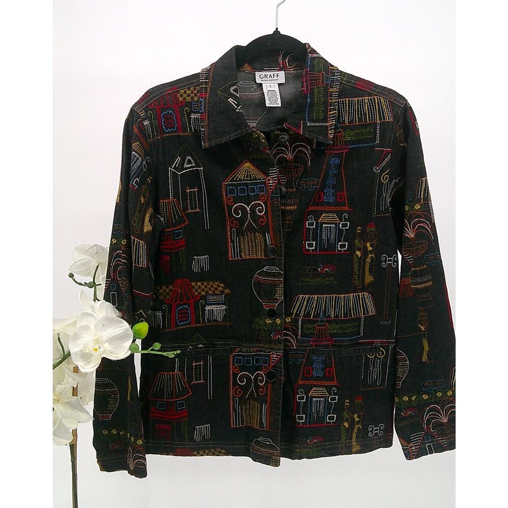 Graff By Um Company Womens Embroidered Festive Colorful Button Up Jacket Size S